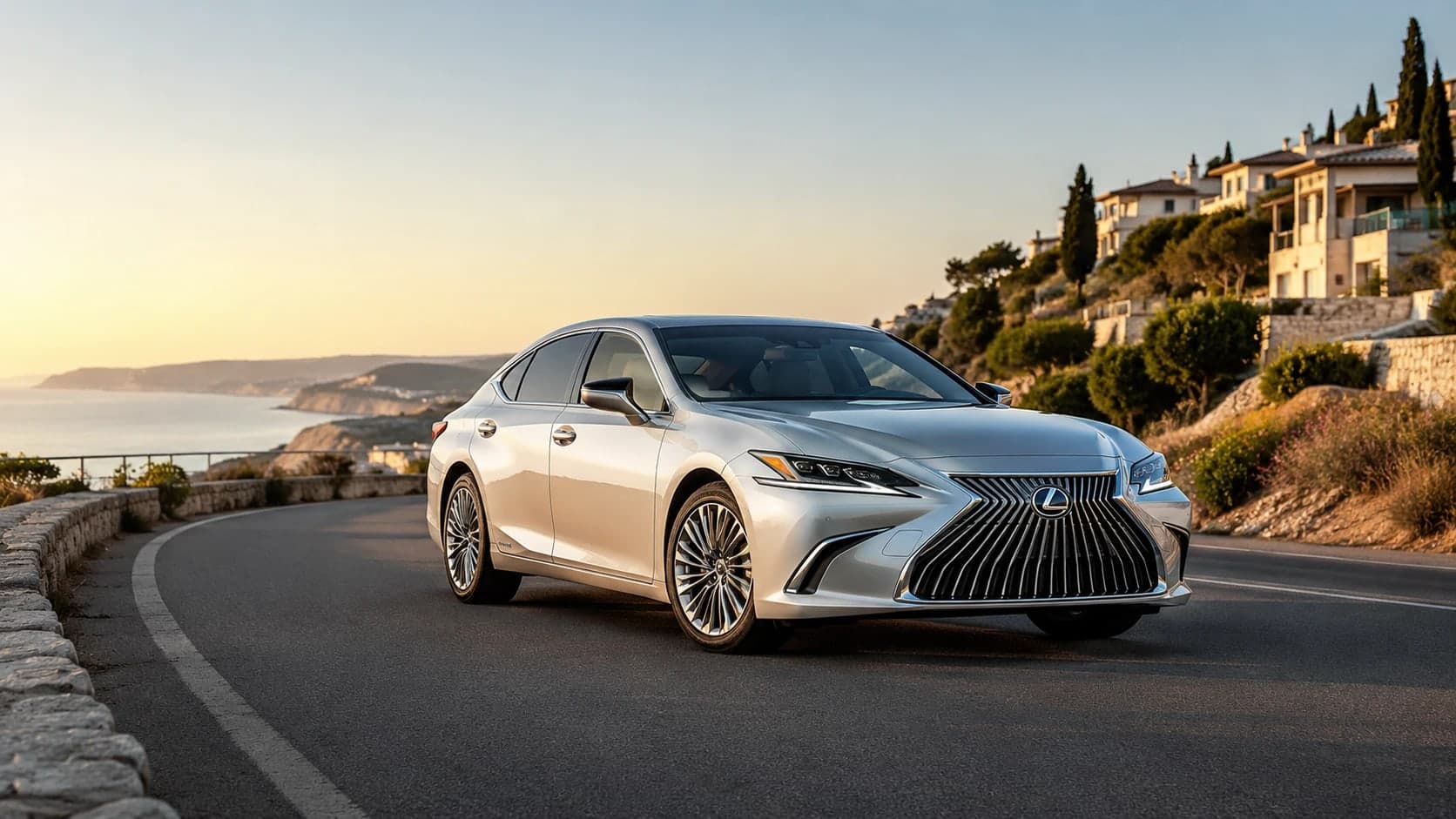 Silver Lexus ES imported from Japan on a Cyprus coastal road