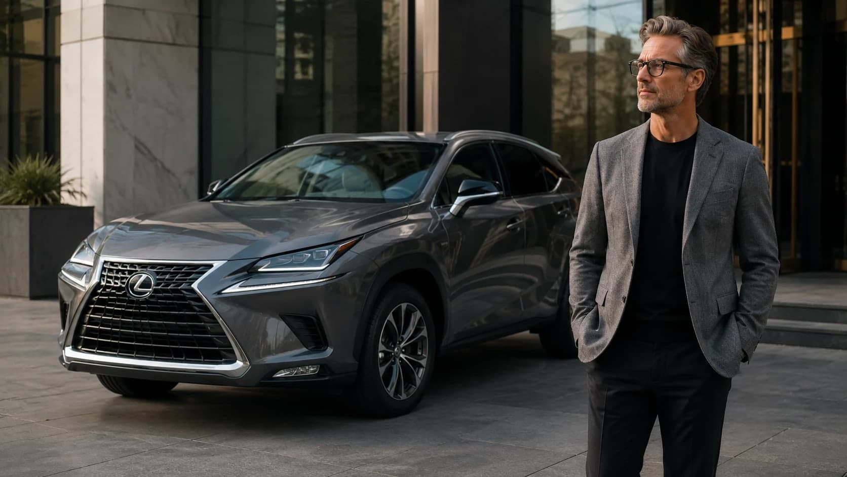Owner standing beside a grey Lexus NX outside a city office building
