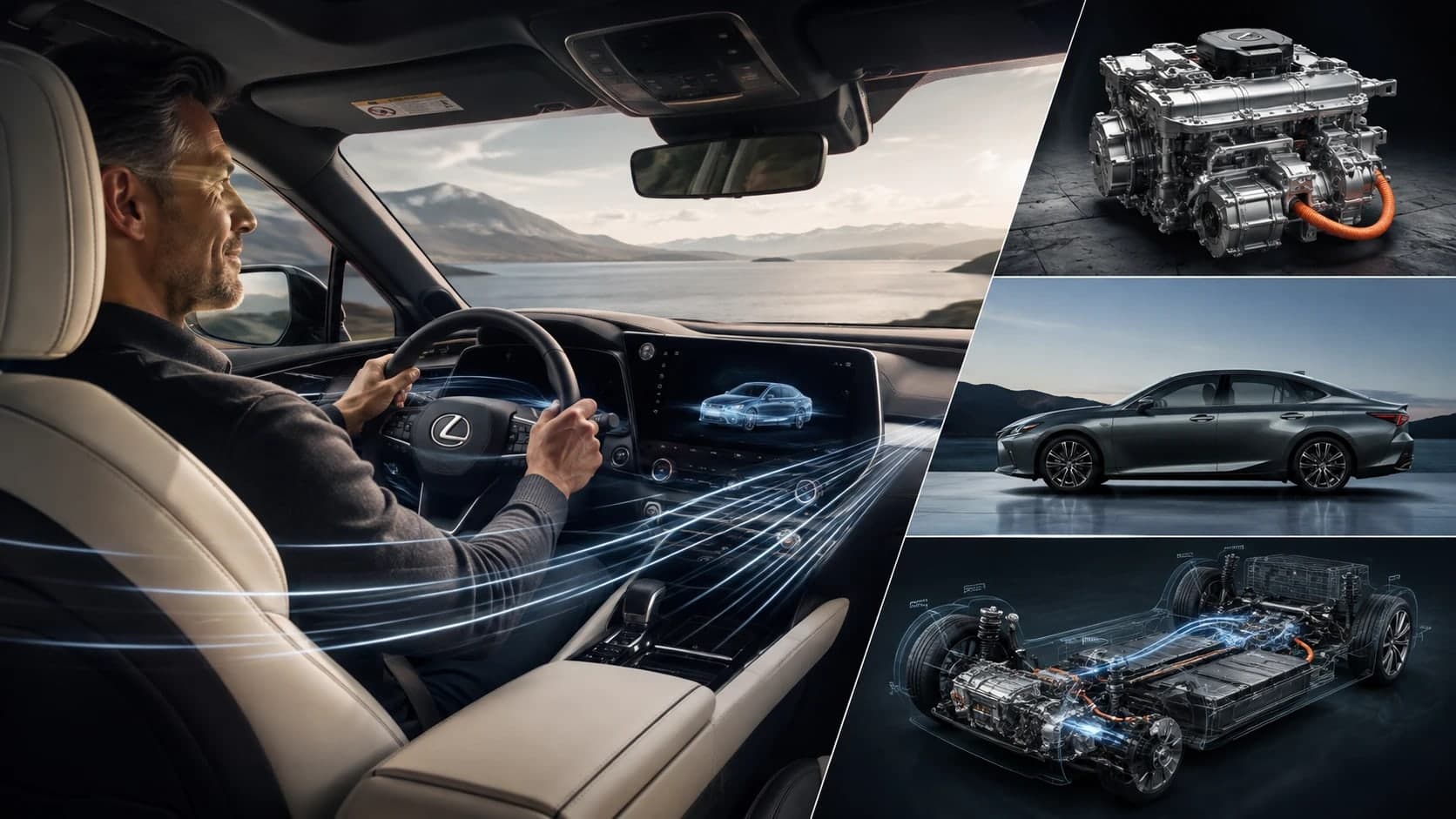 Lexus hybrid drivetrain, battery layout and cabin shown side by side