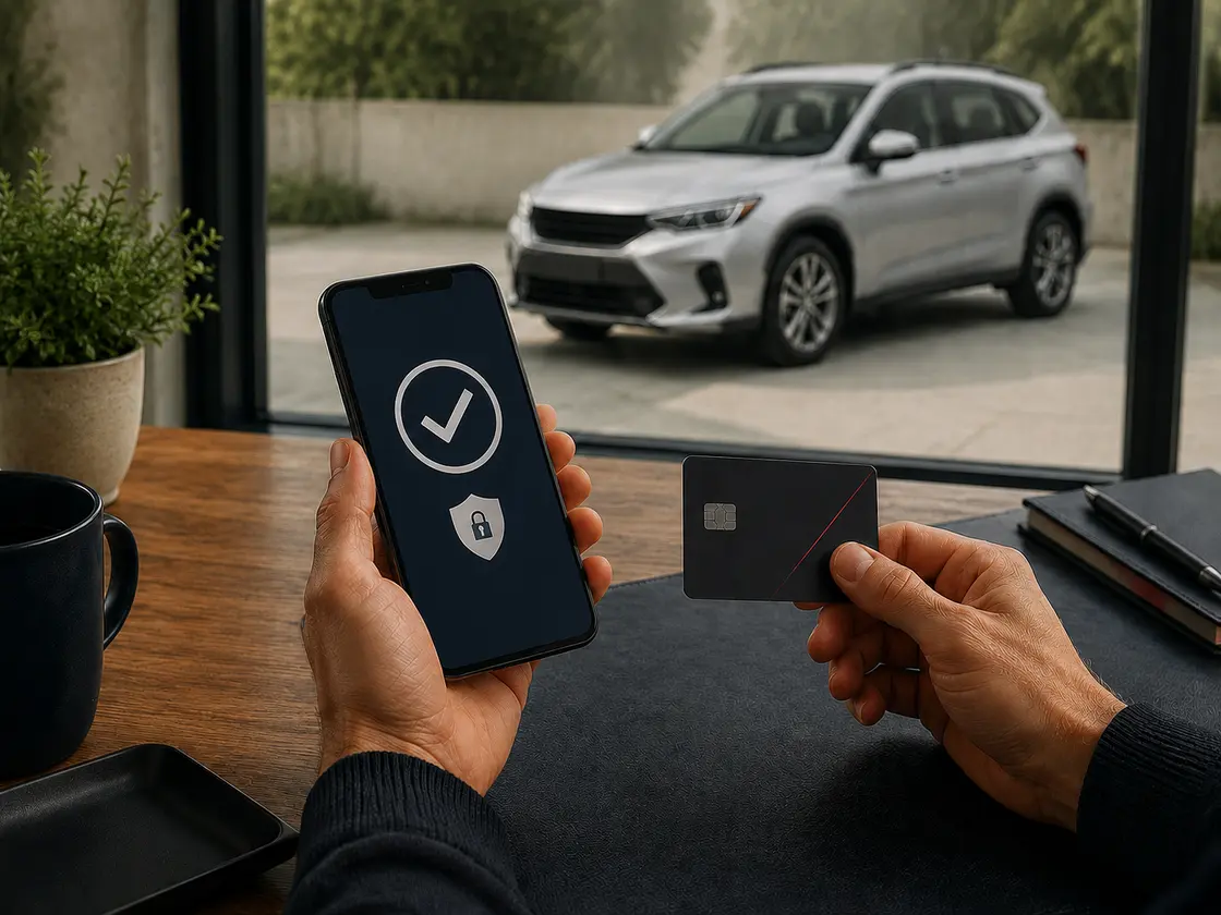 Secure car deposit confirmation on a phone with the selected silver car behind it