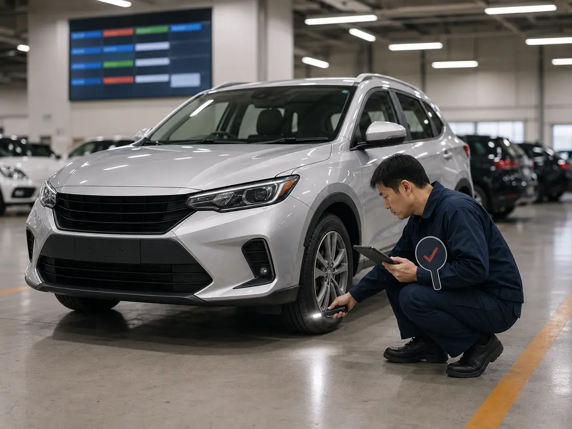 Japan-side inspector checking a silver car before an auction bid