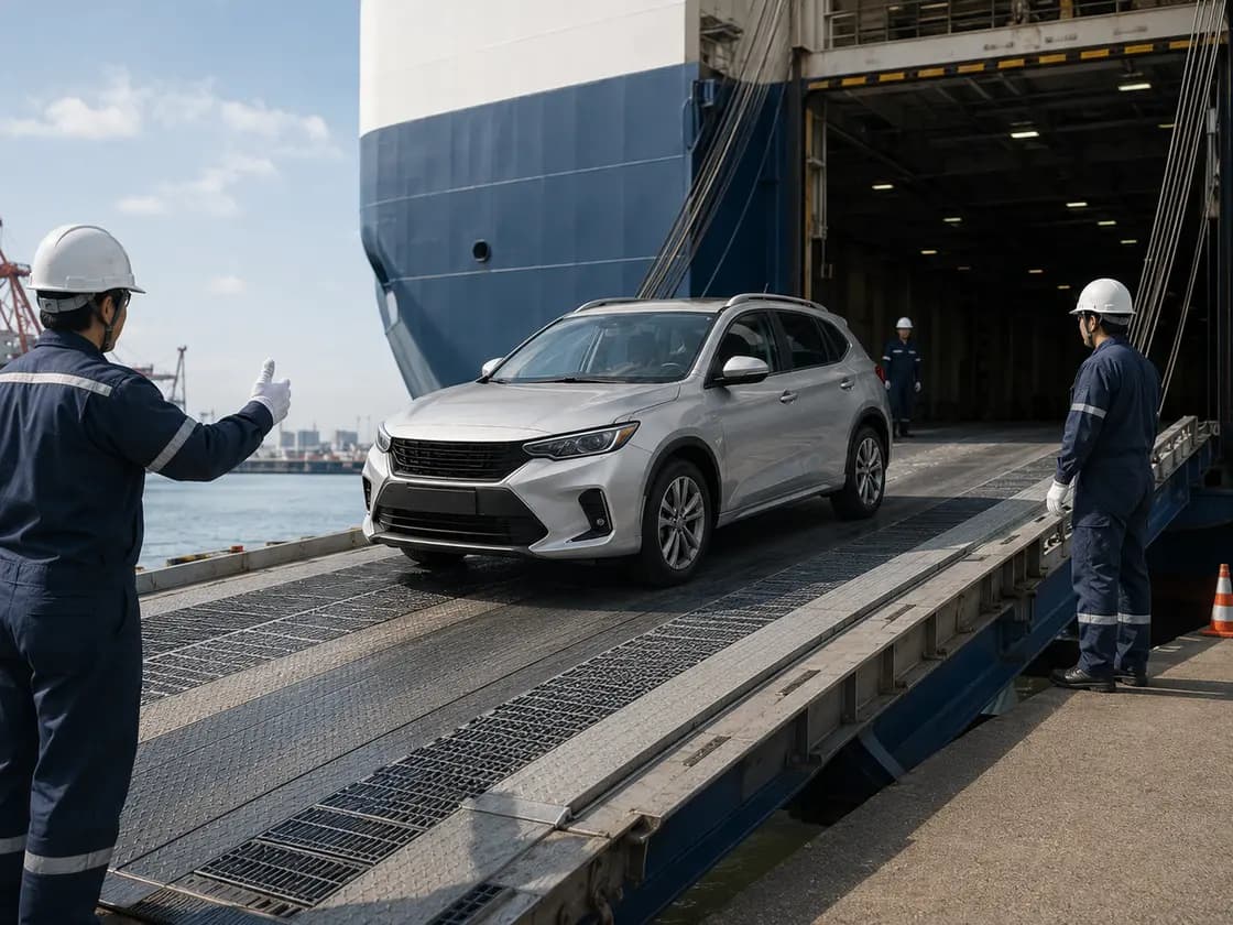 Silver car being loaded safely onto a roll-on roll-off ship in Japan