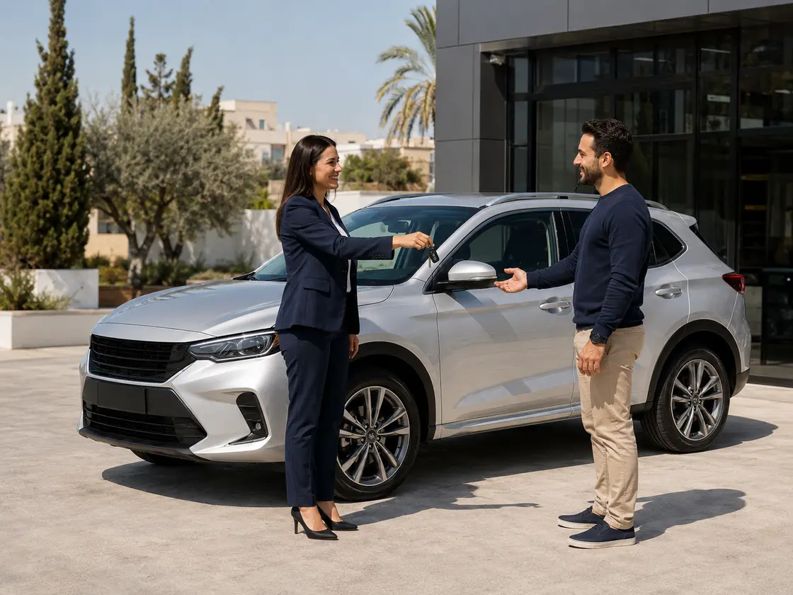Customer receiving the keys to a silver imported car at a Cyprus service centre